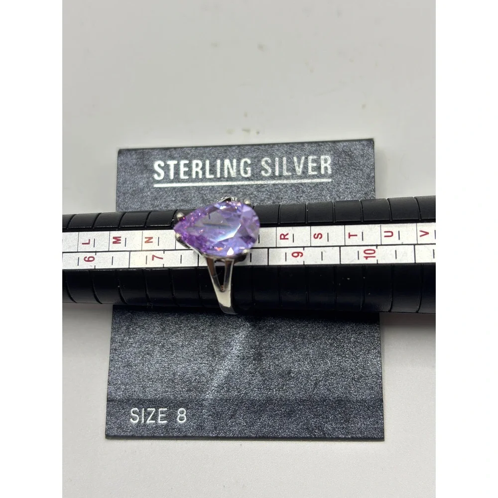 Solitaire Ring Womens Size 8 Purple Pear Cut Sterling Silver 925 Stone